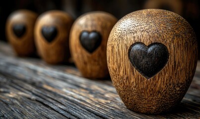 Close-up of carved wooden hearts on a rustic wooden surface