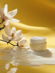 Elegant skincare presentation with magnolia blossoms on golden backdrop