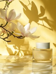 Magnolia blooms casting shadow near cosmetic cream on water surface