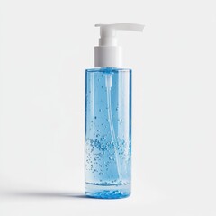 Refreshing blue cleanser bottle with pumping dispenser on white backdrop