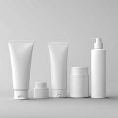 Minimalistic presentation of various cosmetic containers against neutral backdrop