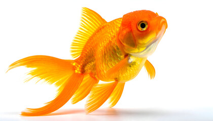 A vibrant orange goldfish swimming gracefully, isolated on a clean white background, showcasing its fins and scales