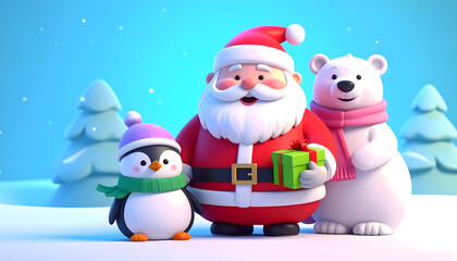 A charming 3d illustration of santa claus with a penguin and a polar bear, celebrating christmas in a snowy forest