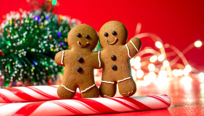 Two smiling gingerbread men standing together on candy canes, with a blurred christmas tree and lights in the background
