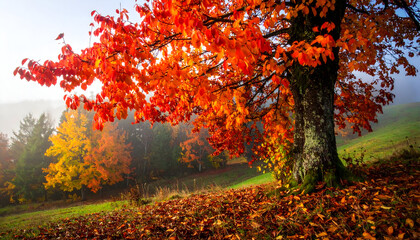 Vibrant autumn tree with bright orange and red leaves, fallen leaves on the ground, misty hills