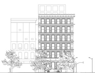 A black and white contour drawing of a city building with trees, a road, street lights, and a parked car.