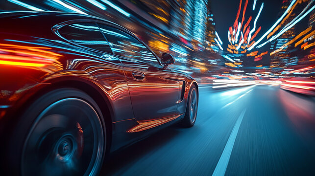 Red car speeding down city street at night with blurred lights