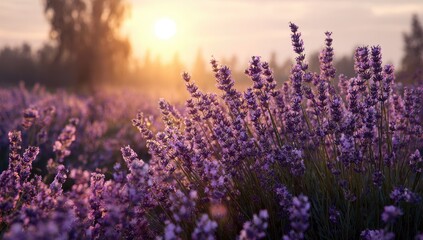 Fototapeta premium Sunlit lavender field at dawn, misty ambiance, purple blooms, golden sunlight filtering through