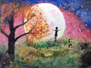 Child Reaching for the Moon: Whimsical Painting of Dreams and Imagination