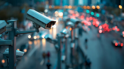Security cameras overlooking a busy city street with blurred traffic lights