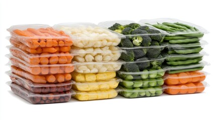 Plastic bags contain frozen broccoli florets, carrots, green beans, and vegetable peels, ideal for dinner preparation or meal prepping for events