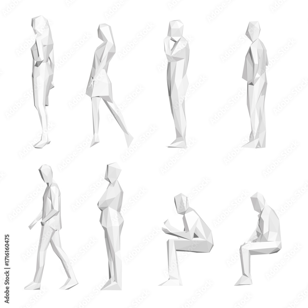 Poster a pack of low polygonal people figures in various poses arranged symmetrically on a white background