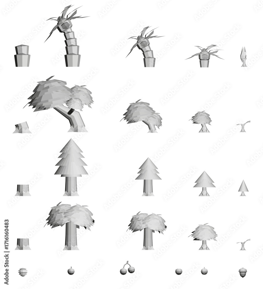 Aufkleber Low poly trees arranged symmetrically with unique shapes and textures in varying shades on a bright white background.
