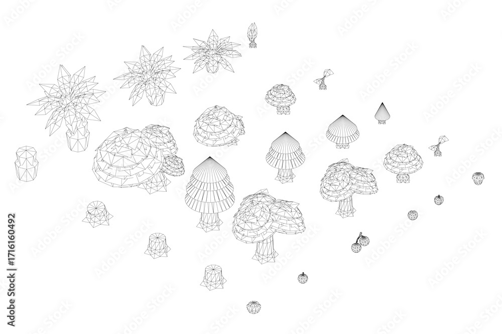 Aufkleber black and white low poly tree group arranged symmetrically on white background. overlapping tree dis