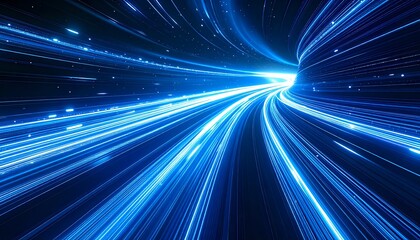 Abstract blue light trails rushing through a futuristic digital tunnel, symbolizing high-speed data transfer and technological advancement.