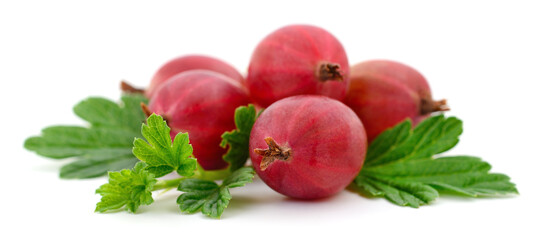 Red gooseberries with green leaves isolated on white