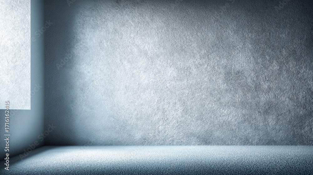 Poster empty room with textured gray walls and floor illuminated by a window light