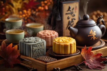 Naklejka premium Mid-Autumn Festival mooncakes with ceramic teapot on wooden tray, cozy indoor lighting, cultural celebration, tradition, hospitality concept