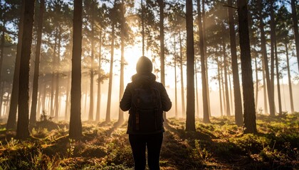 Silhouette of a person with a backpack enjoying the morning sunlight in a beautiful forest