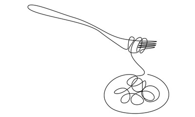 Single continuous line drawing of delicious spaghetti with fork. Italian spaghetti noodle for web banner and food delivery service.Vector illustration eps 10