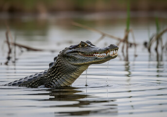 Fototapeta premium Yacaré saliendo del agua en la reserva de Iberá, Esteros del Iberá, Corrientes Argentina.