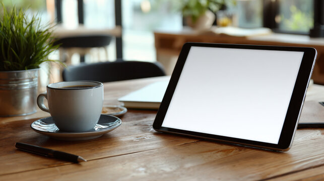 Modern workspace with tablet, coffee cup on saucer, wooden table, notebook nearby, natural light from large windows, greenery in background, minimaic design.