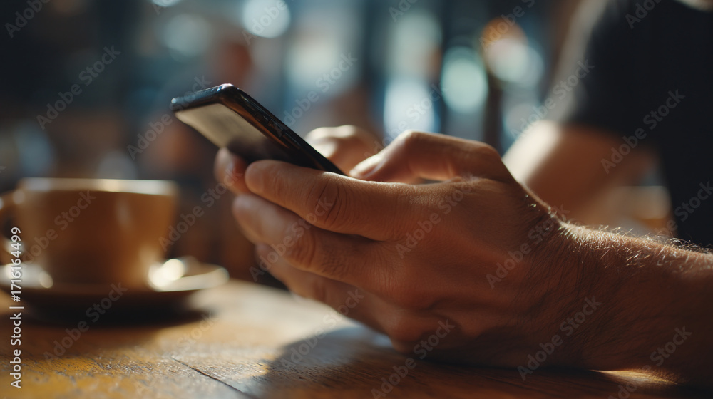 Poster man using smartphone while sitting at a table with a cup of coffee nearby