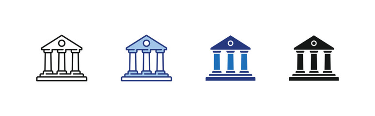Bank icon set describe bank building in line, glyph, and blue style vector icons