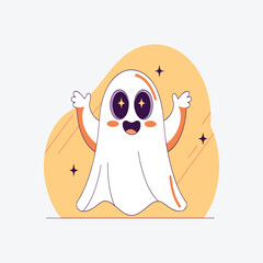 Illustration of a cute and friendly cartoon ghost with big, sparkling eyes and an open mouth, floating happily with its arms outstretched against a soft yellow abstract shape