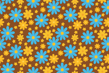 Seamless floral pattern with blue and yellow daisies on a brown background, retro cheerful design, perfect for fabric, wallpaper, wrapping, and decor.