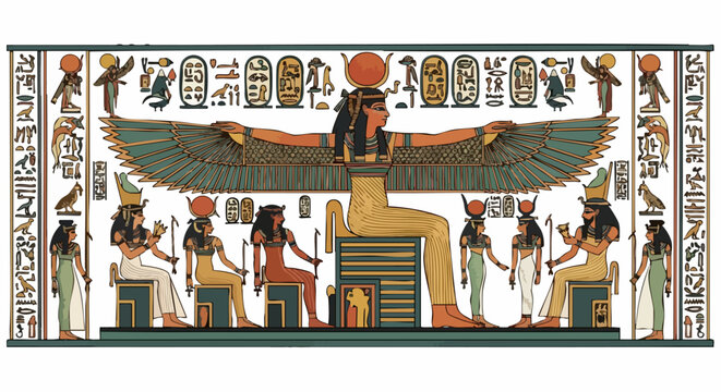 Ancient Egyptian artwork depicting goddess Isis with hieroglyphs and figures, vibrant history