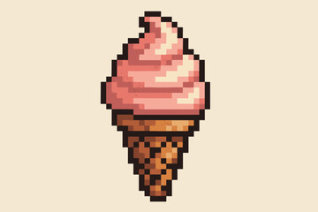 Pixel art ice cream cone with pink swirl topping, retro design, playful dessert illustration