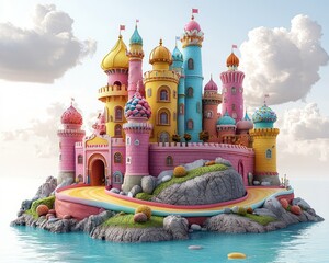 Colorful candy castle on an island