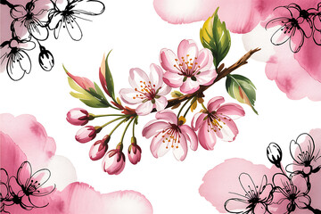 Delicate pink cherry blossoms and buds watercolor painting with ink sketch accents