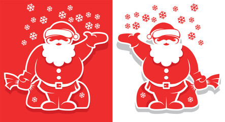 Santa Claus stands with sack of gifts and scatters snowflakes. Christmas vector on transparent and red background