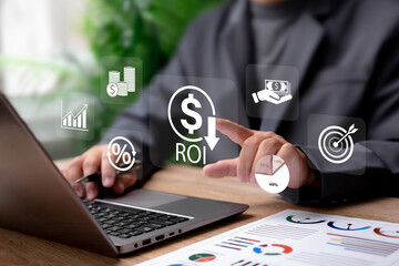 ROI Return on Investment Analysis Concept, Businessman Evaluating Financial Performance, Investment Profit Growth, Business Strategy Planning, Market Forecast and Corporate Decision Making for Success