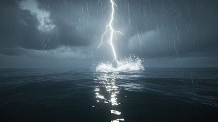 Lightning strikes over the turbulent sea while powerful waves collide with the shore, creating a dramatic atmosphere during a night thunderstorm