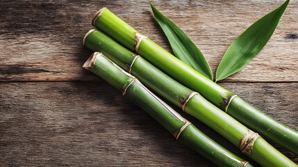 Fototapeta premium Fresh green bamboo stems with leaves on rustic wooden background.