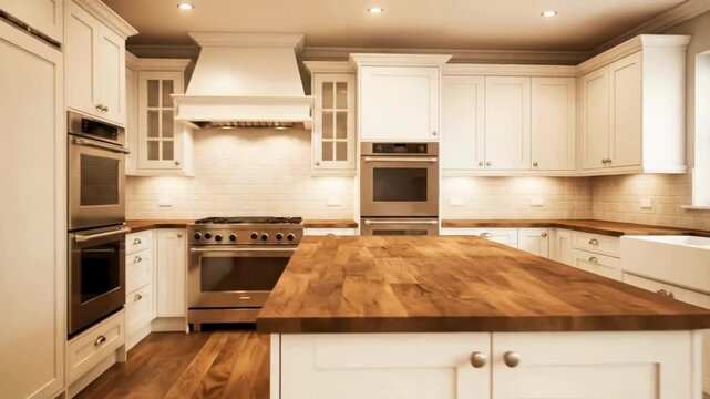 A realistic 3D animation walkthrough of a spacious, traditional kitchen interior. The camera glides smoothly through the large L-shaped layout, showcasing the elegant white shaker cabinets. 