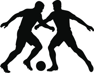 Two soccer players contesting for ball, dynamic body positions, solid black silhouette