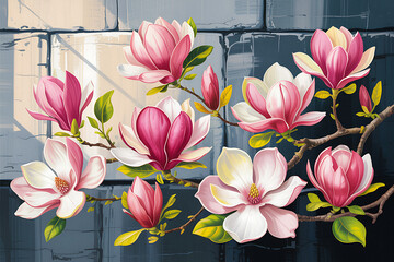 Beautiful pink magnolia flowers blooming on a dark textured background