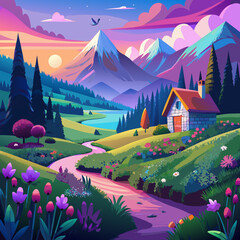 Colorful Mountain Landscape with Cottage