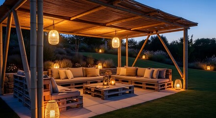 Fototapeta premium Serene Evening Pergola Lounge with Warm Lanterns Rustic Pallet Furniture.
