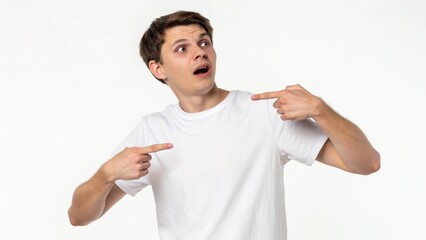 Fototapeta premium Young Man in White T Shirt Pointing at Himself with Surprised Expression
