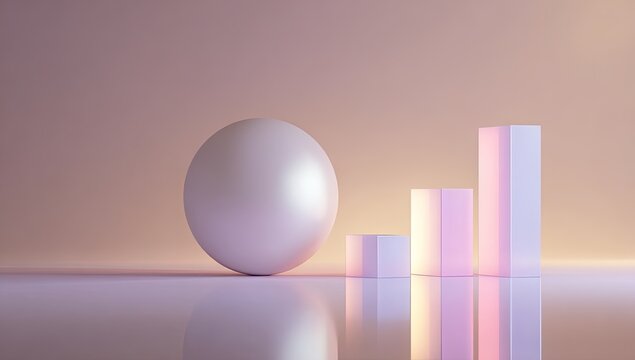 A pearl-like sphere rests beside subtly illuminated, ascending rectangular prisms on a reflective surface against a muted pink backdrop
