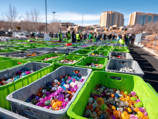 Colorful plastic eggs arranged in green bins outdoors during a community event with people in the background under a clear blue sky on a sunny day.
