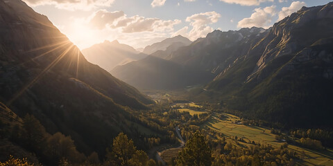 Fototapeta premium Sunset Over Mountain Valley