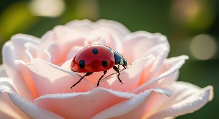 Fototapeta premium Ladybug resting on a delicate pink rose petal with dew drops