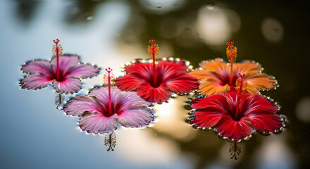 Vibrant hibiscus flowers gracefully float on serene water surface, evoking tranquility and natural beauty.