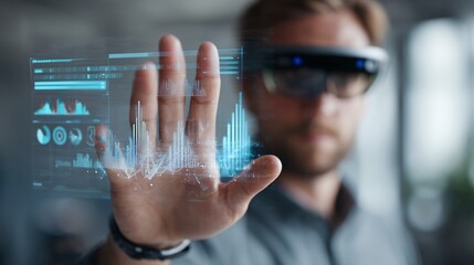 Man using AR glasses interacts with holographic data charts and graphs futuristic technology concept